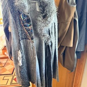 Gray Faux Fur Trimmed Sweater